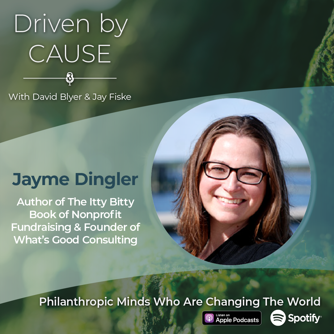 A photo of Jayme Dingler highlighting her participation in an episode of Driven by Cause, a nonprofit leadership podcast.