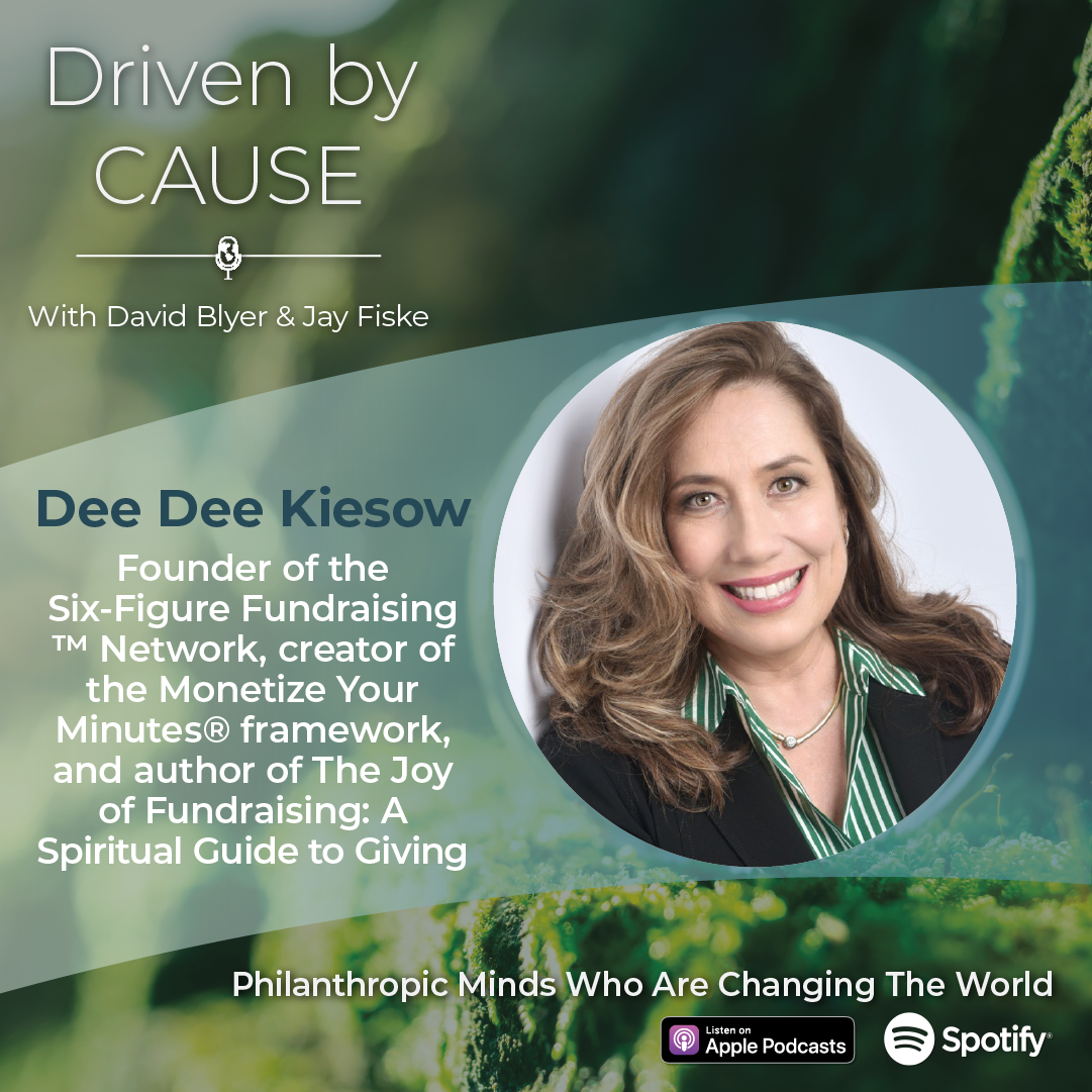A photo of Dee Dee Kiesow highlighting her participation in an episode of Driven by Cause, a nonprofit leadership podcast.