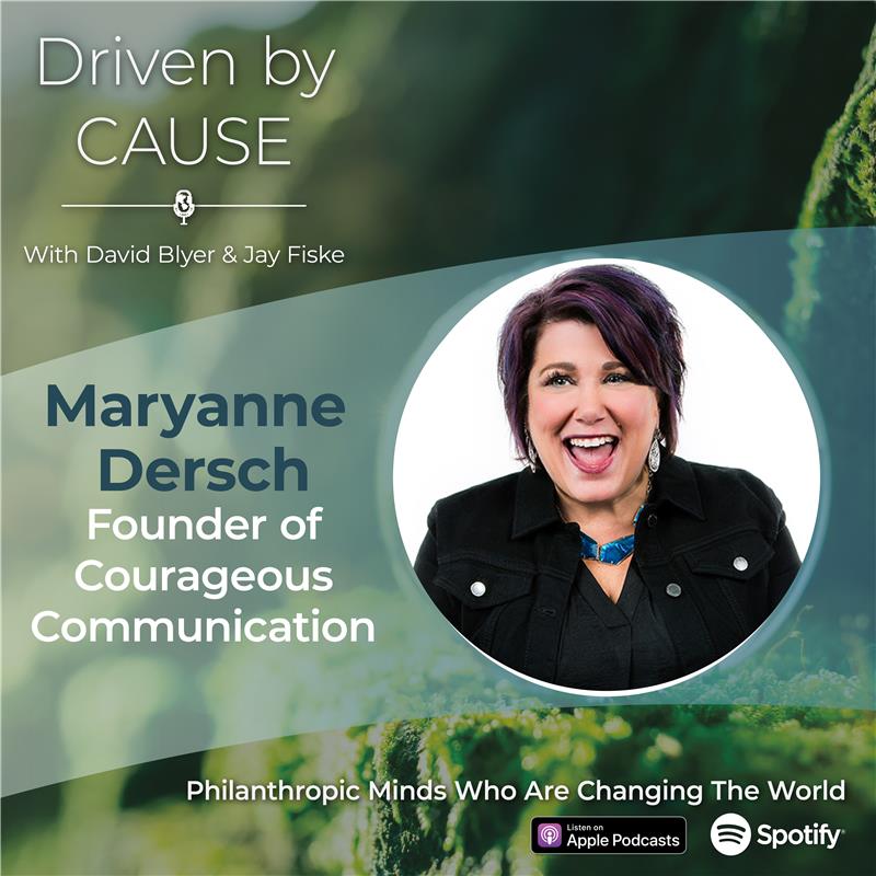 A photo of Maryanne Dersch in an episode of Driven by Cause, a nonprofit leadership podcast.