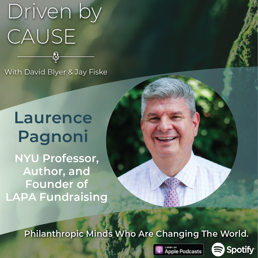 A photo of Laurence Pagnoni highlighting his participation in an episode of Driven by Cause, a nonprofit leadership podcast.