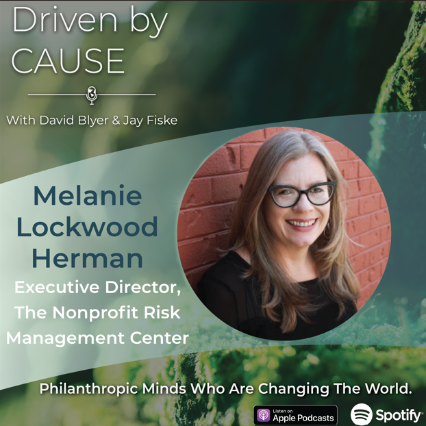 A photo of Melanie Lockwood Herman highlighting her participation in an episode of Driven by Cause, a nonprofit leadership podcast.